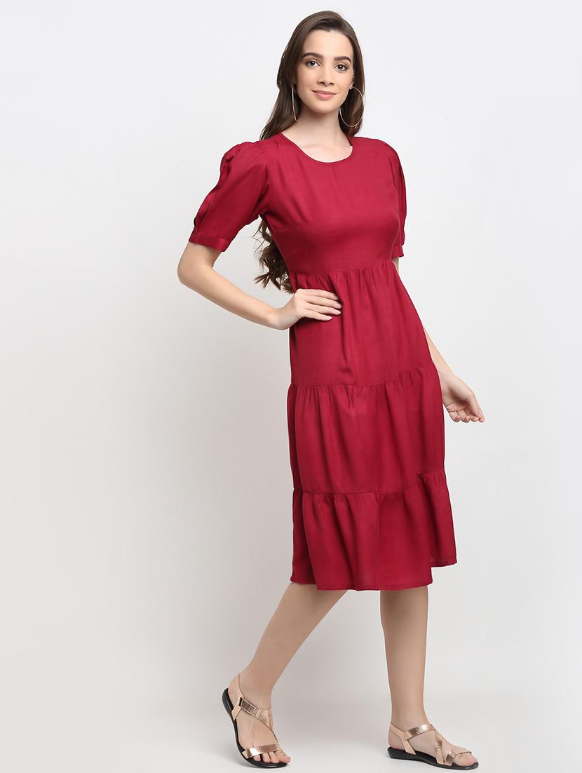 round neck solid fit & flare dress - 18013718 - Standard Image - 1