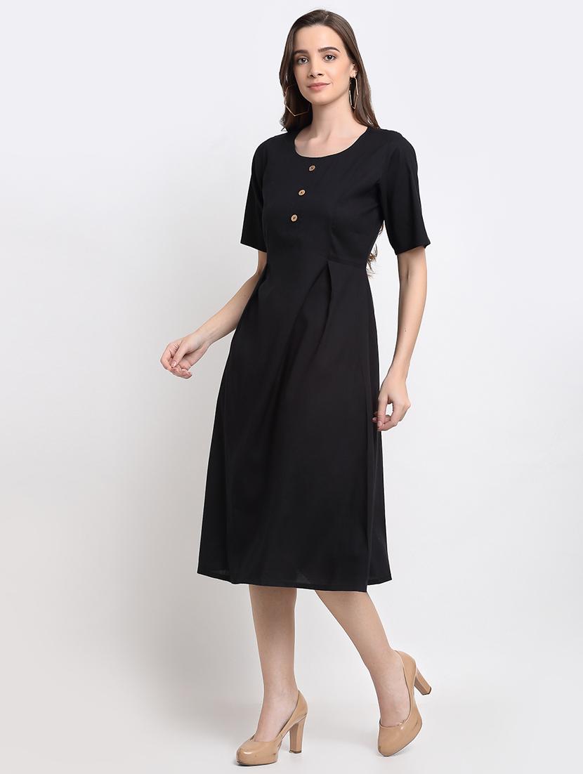 round neck solid fit & flare dress - 18013724 - Standard Image - 1