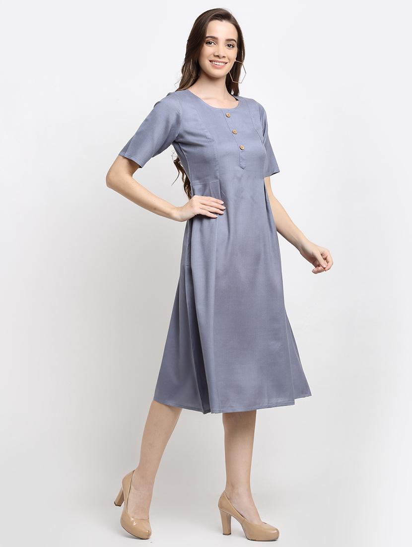 round neck solid fit & flare dress - 18013727 - Standard Image - 1