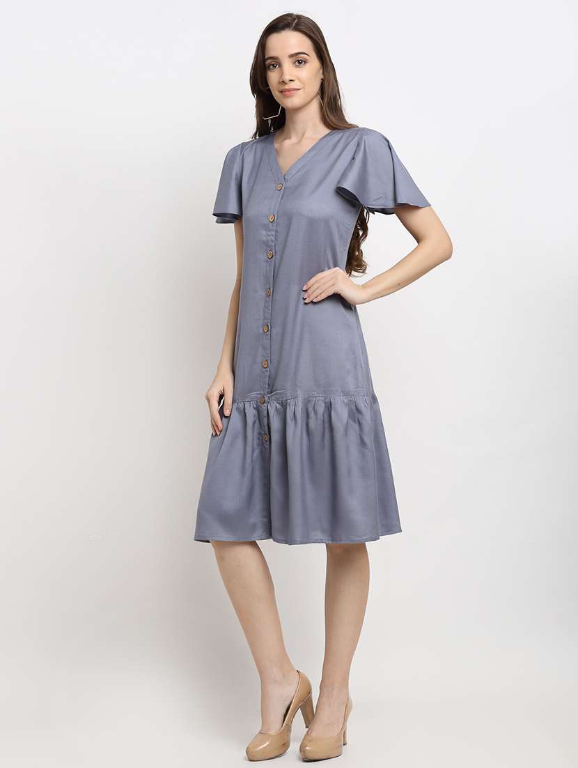 v-neck solid fit & flare dress - 18013733 -  Standard Image - 1