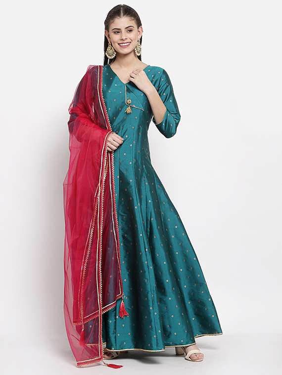 green printed a-line suit set