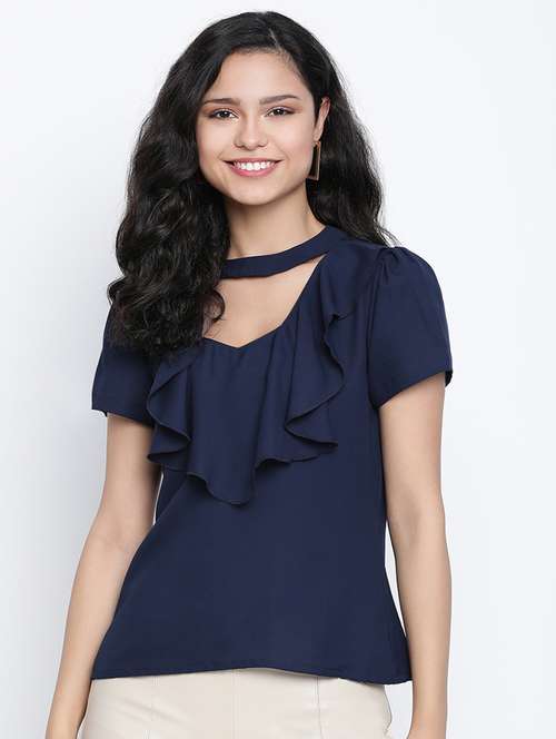women's ruffle key hole neck top - 18014733 -  Standard Image - 0