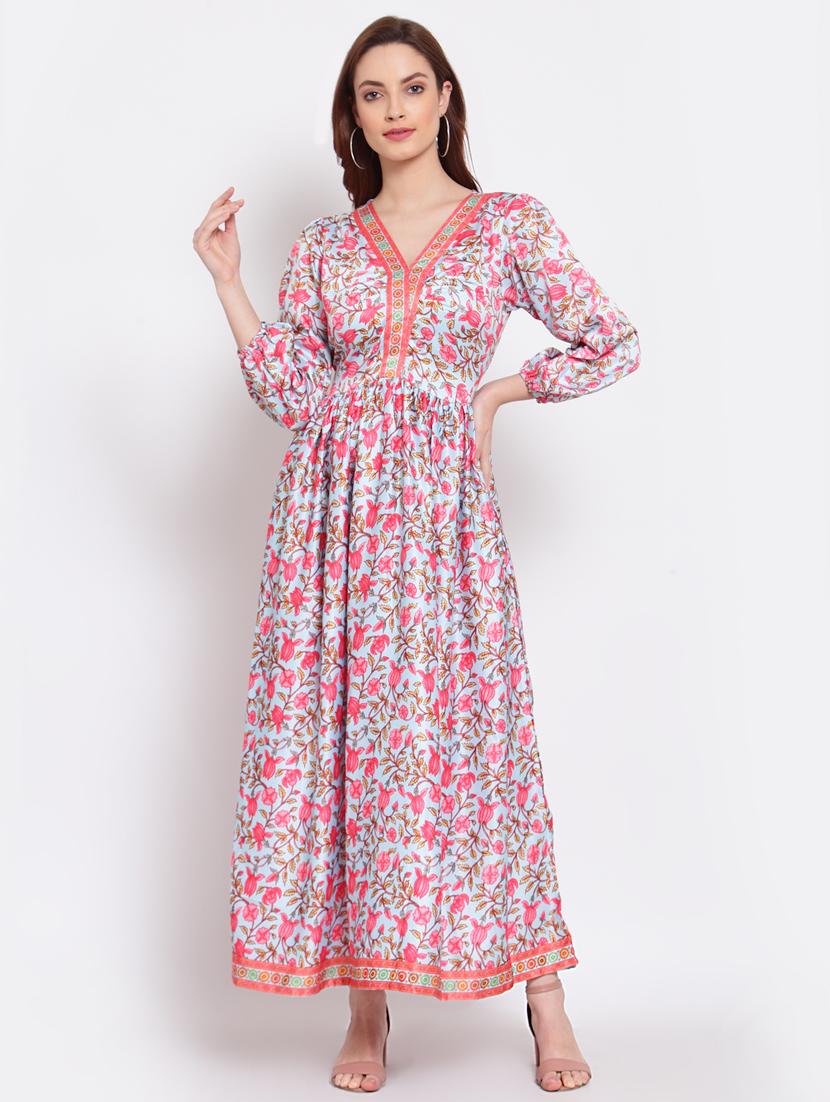 v-neck floral fit & flare ethnic dress - 18015605 - Standard Image - 1