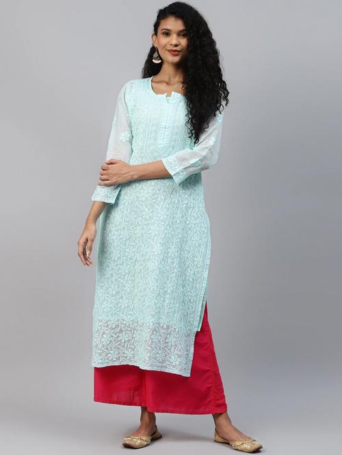 women kota fabric light blue longh chikankari kurta - 18016079 -  Standard Image - 0