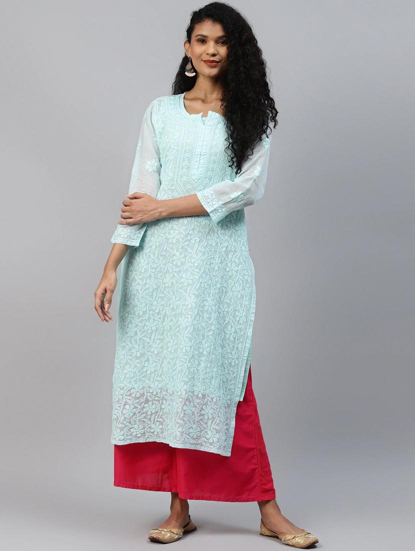 women kota fabric light blue longh chikankari kurta - 18016079 -  Zoom Image - 0