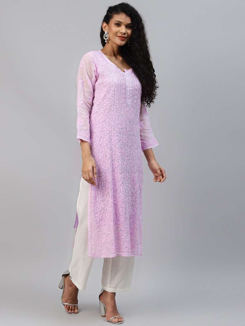 lavender pure kota fabric long chikankari kurta - 18016081 -  Standard Image - 1