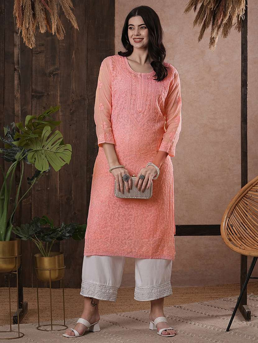 peach kota fabric longh lucknowi chikankari kurta