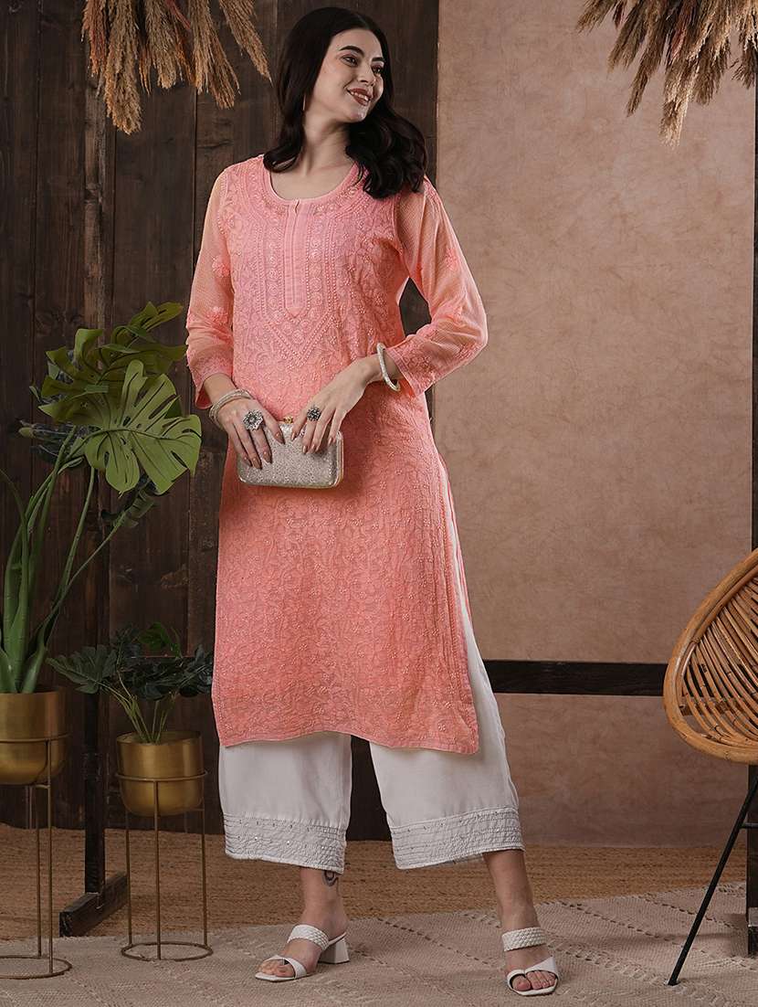 peach kota fabric longh lucknowi chikankari kurta - 18016103 - Standard Image - 1