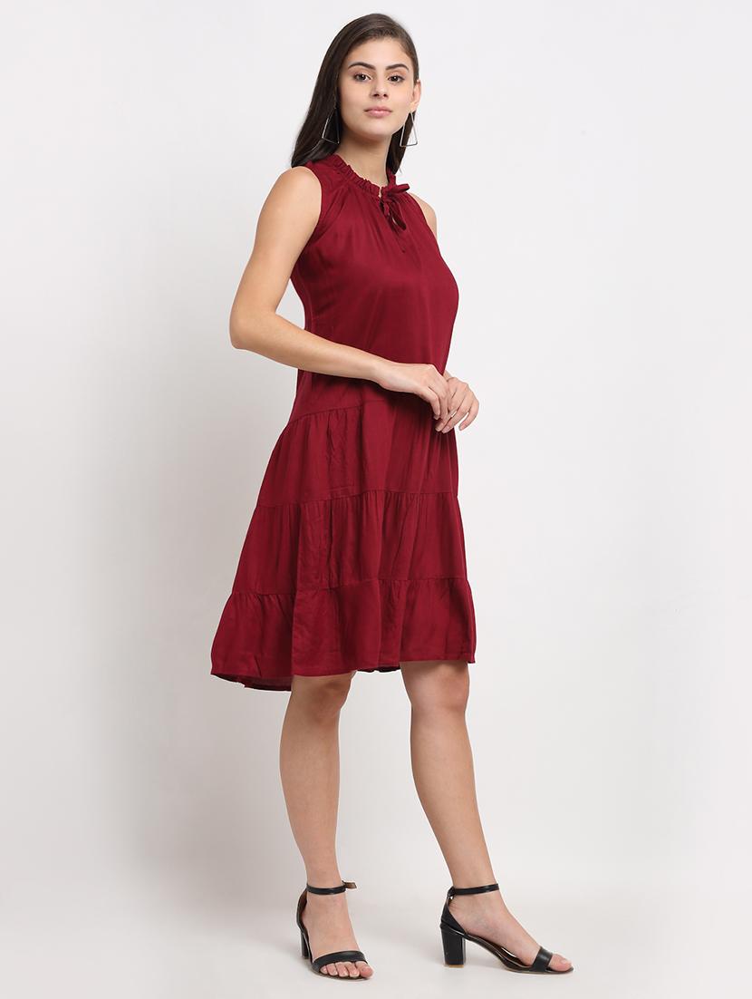 tie up neck solid a-line dress - 18016753 - Standard Image - 1
