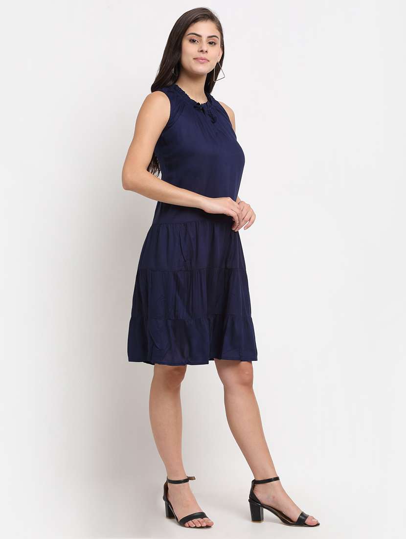 tie up neck solid a-line dress - 18016754 - Standard Image - 1