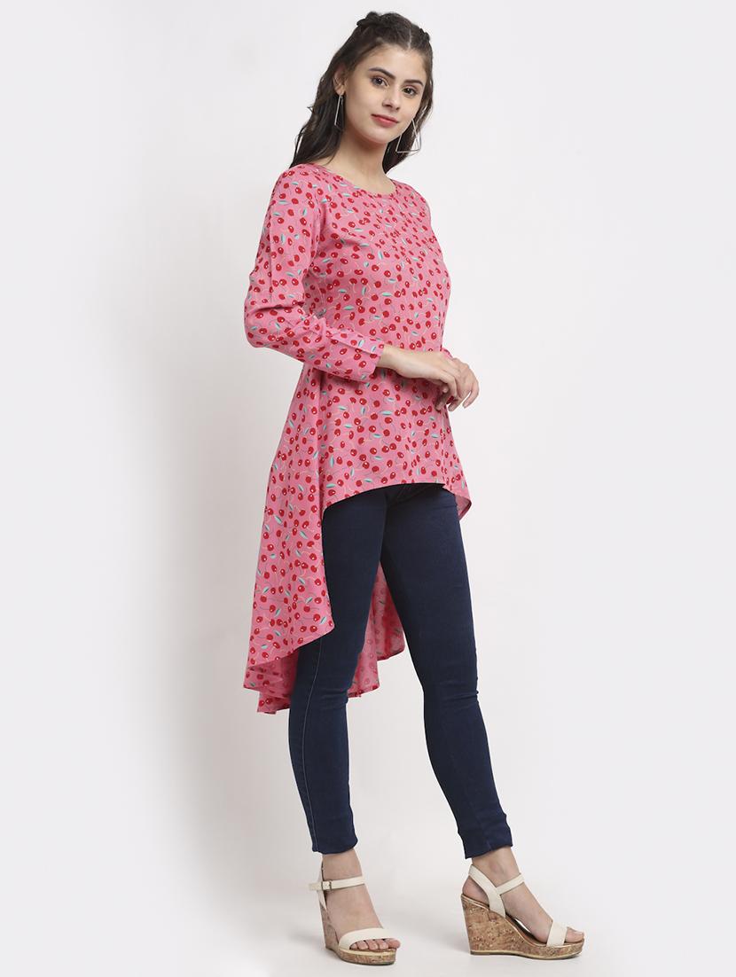 round neck printed high low tunic - 18016789 - Standard Image - 1