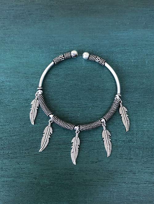 oxidized silver feather charms free size bracelet - 18017854 -  Standard Image - 0