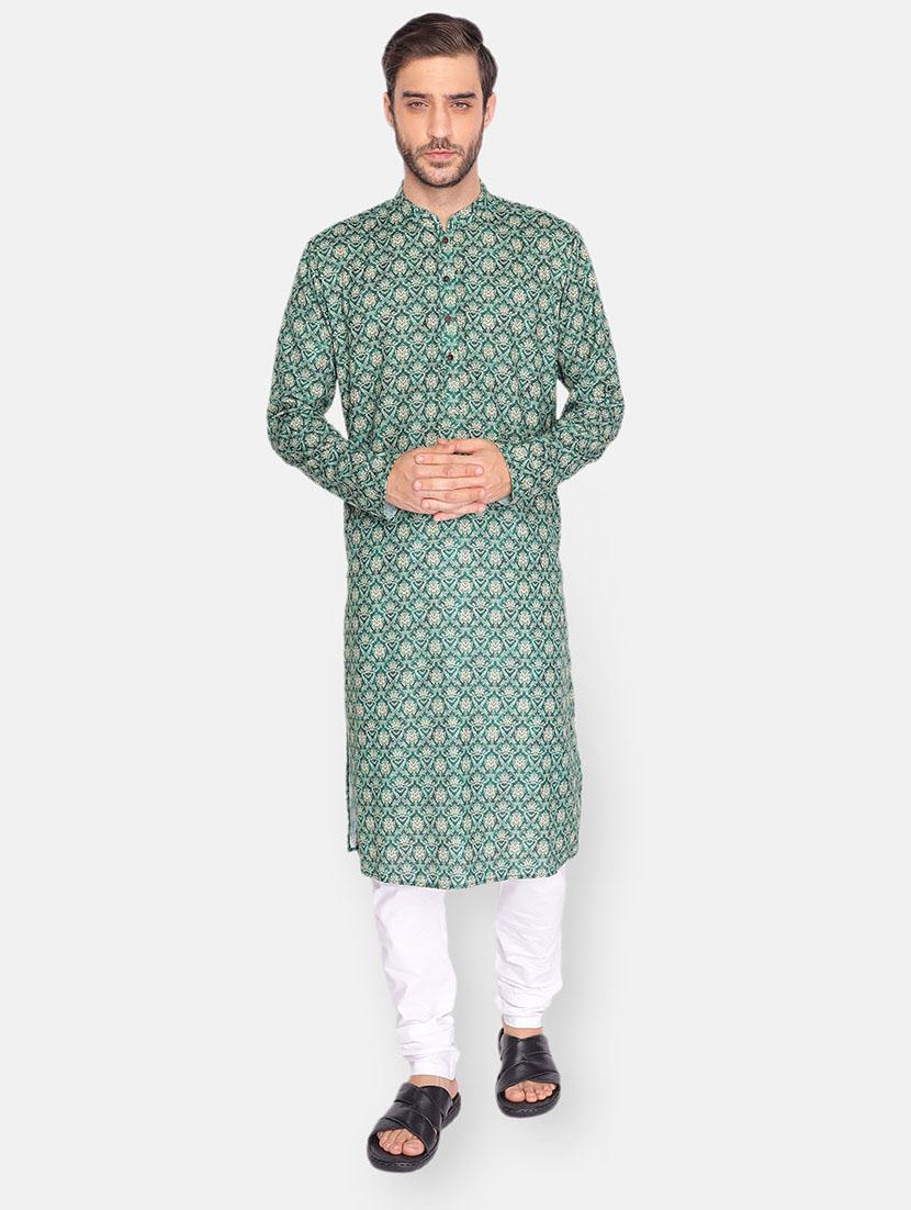 green printed long kurta