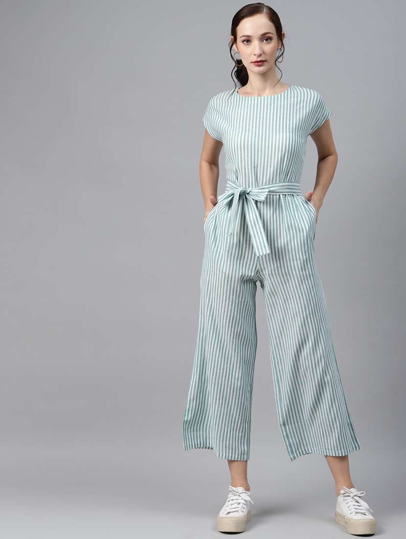 tie front striped full leg jumpsuit