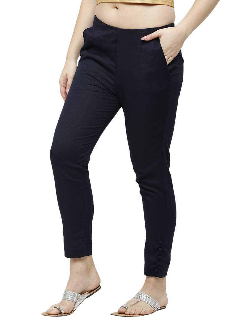 navy blue solid cigarette pants trouser - 18025107 -  Standard Image - 1