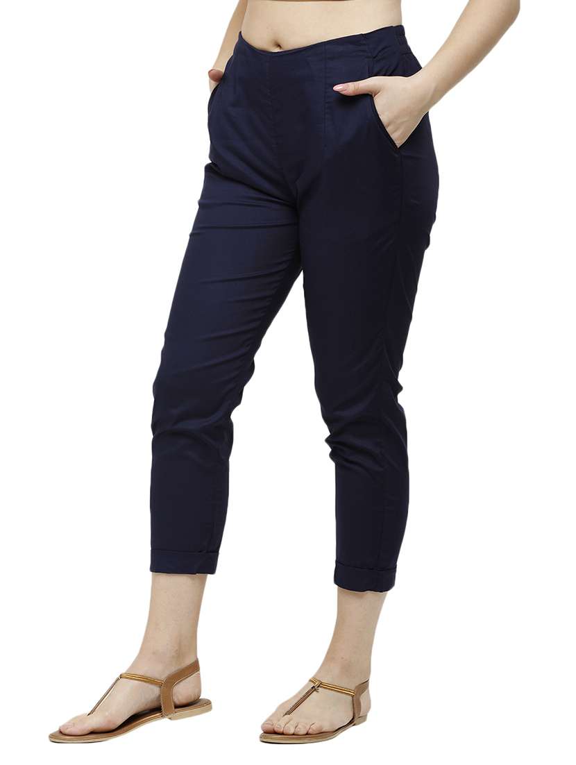 navy blue solid cigarette pants trouser - 18025112 -  Standard Image - 1