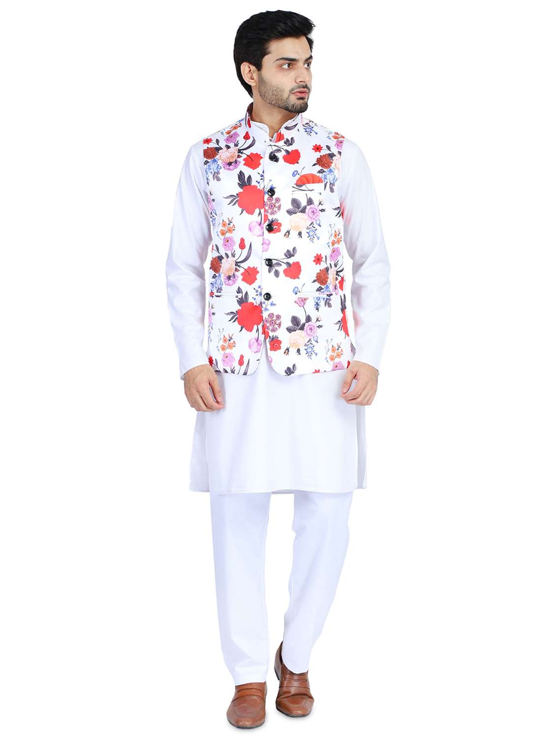 white solid kurta pyjama set with printed nehru jacket
