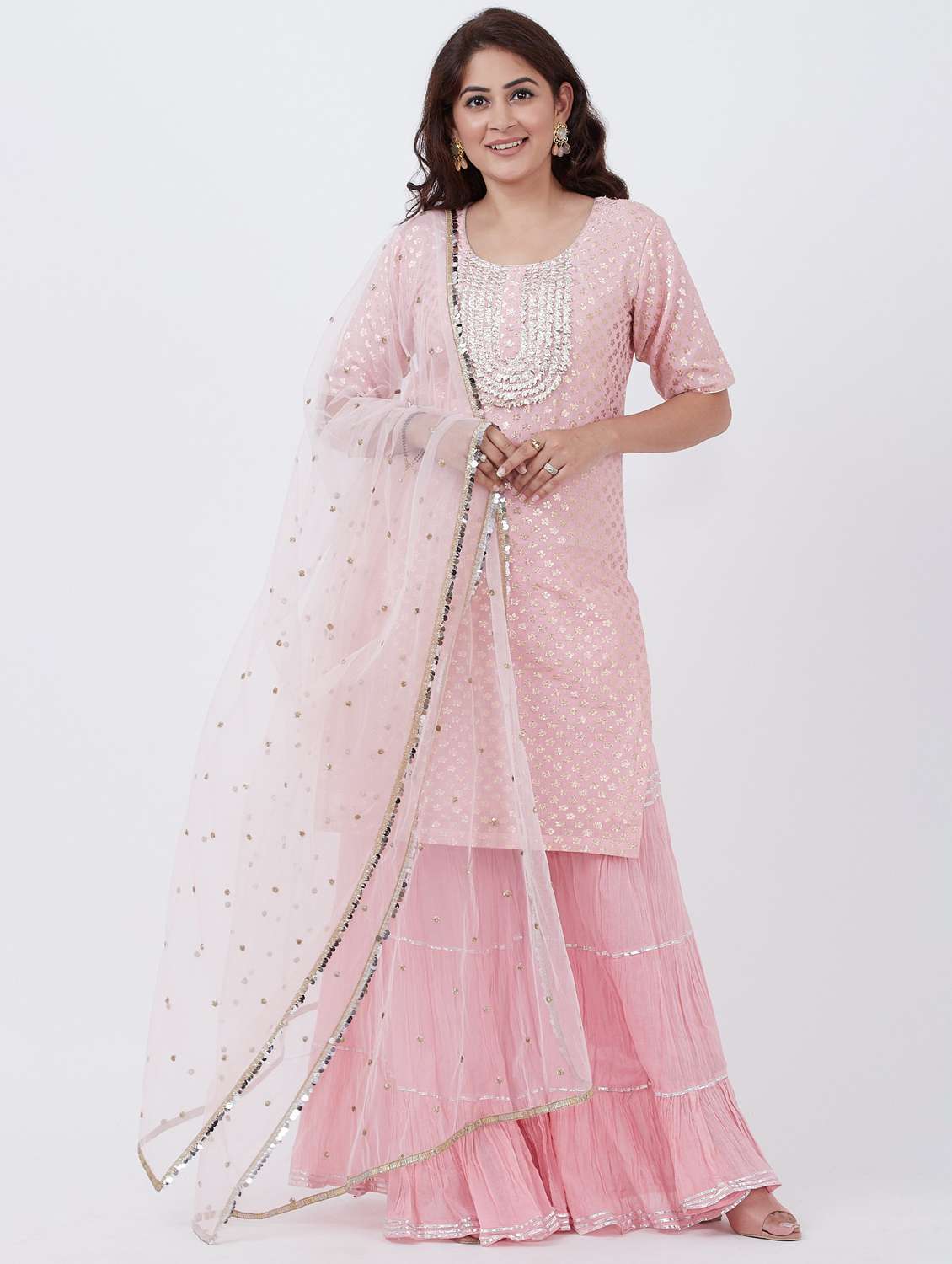 pink cotton blend kurta sharara  set
