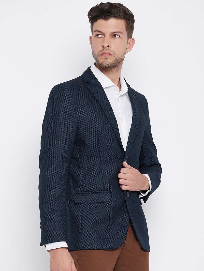 navy blue solid single breasted casual blazer - 18025421 -  Standard Image - 1