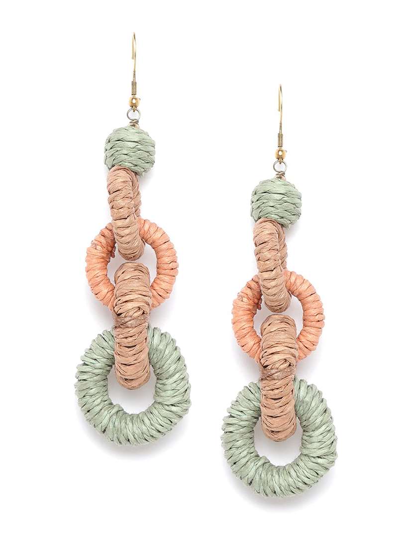 olive green & peach-coloured colourblocked circular drop earrings