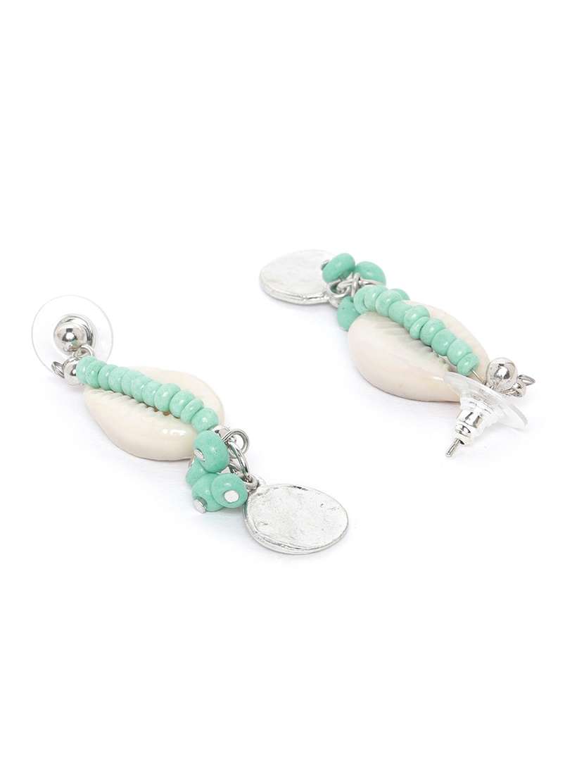 sea green & off-white silver-plated beaded cowry drop earrings - 18026773 - Standard Image - 1