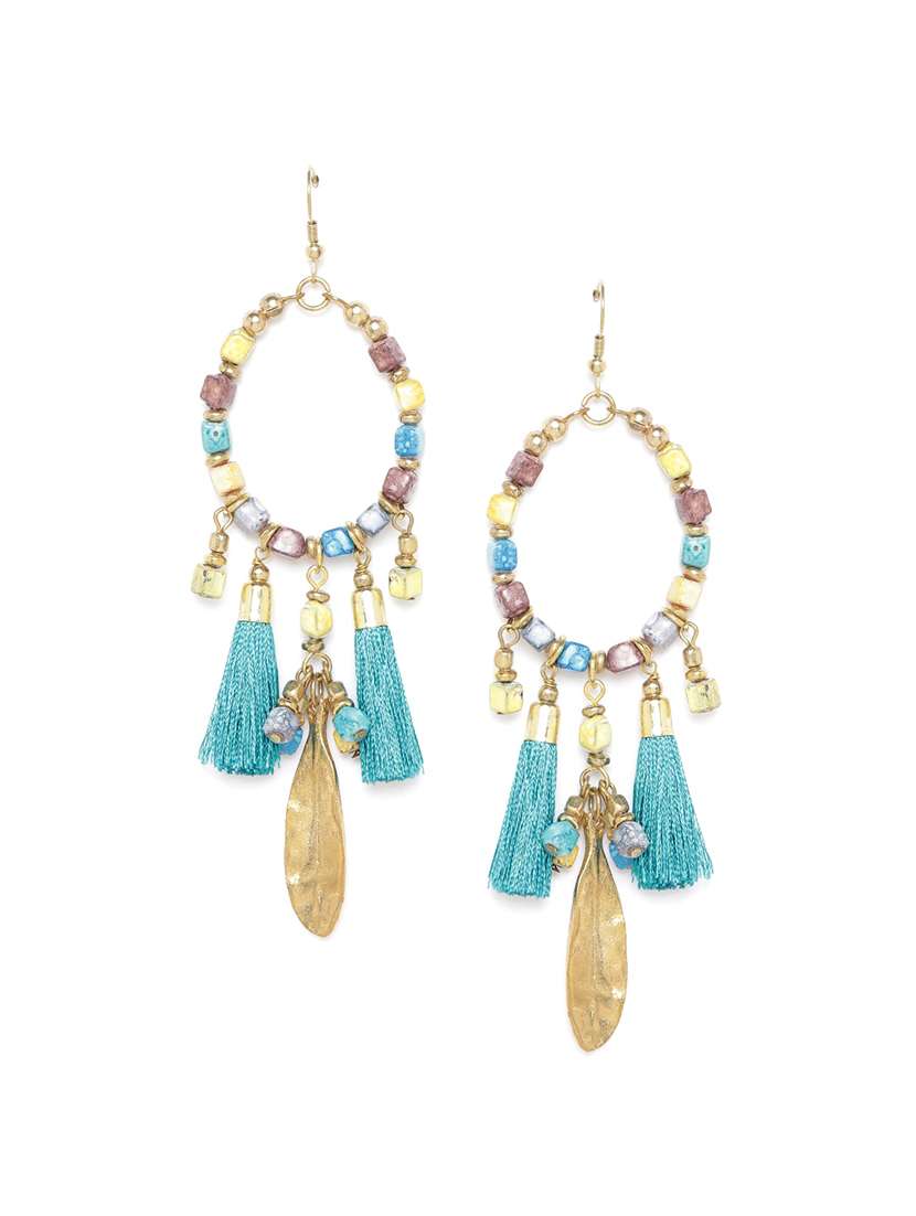 turquoise blue beaded tasseled teardrop shaped drop earrings