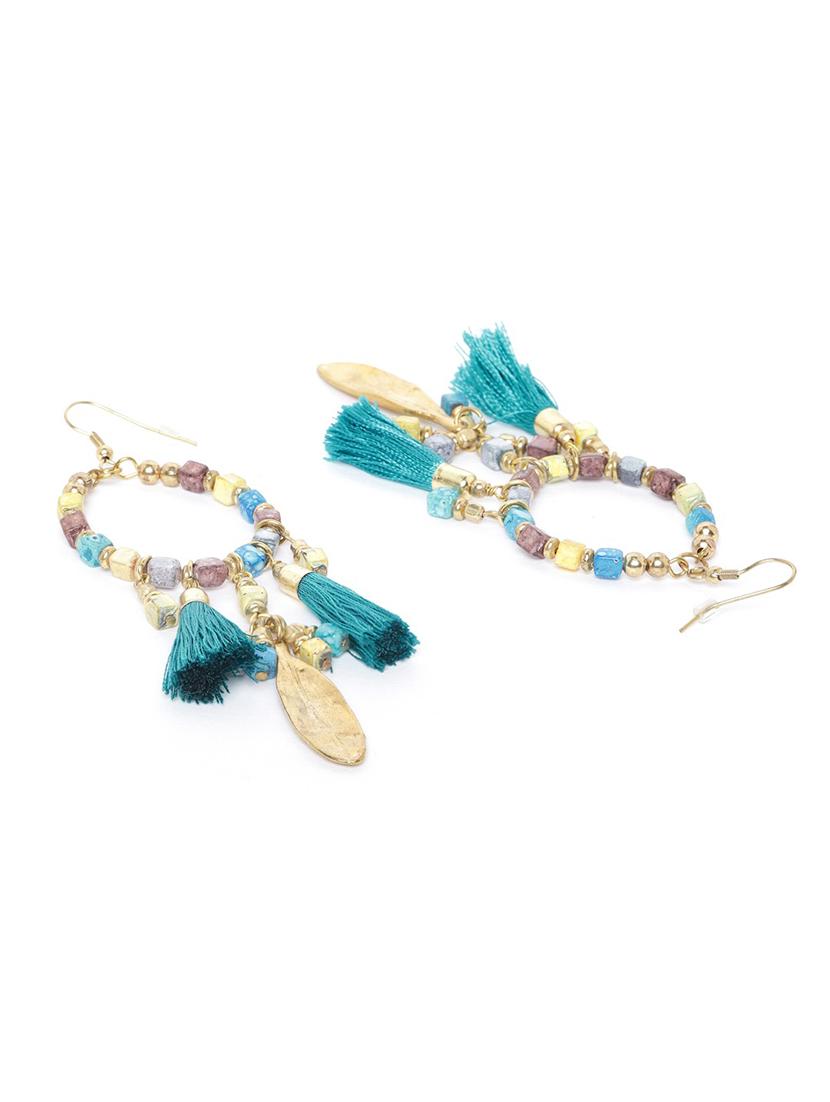 turquoise blue beaded tasseled teardrop shaped drop earrings - 18026794 - Standard Image - 1