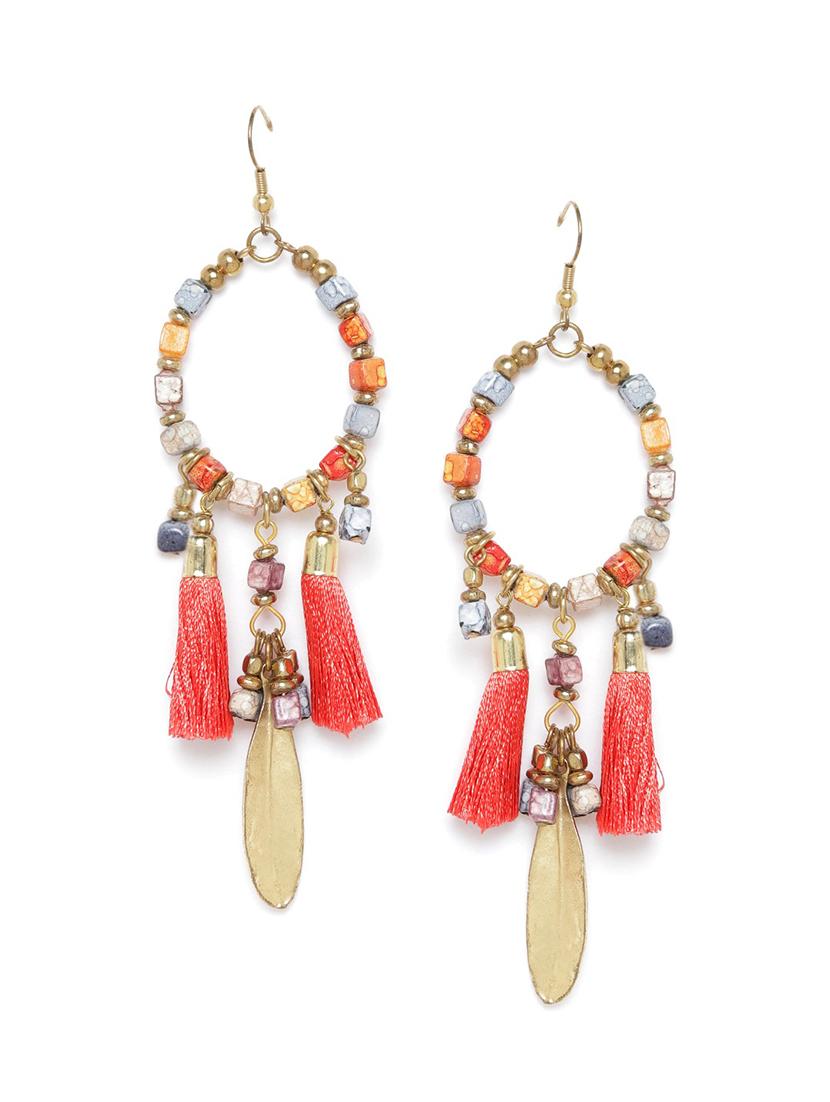 red beaded tasseled oval drop earrings - 18026798 - Zoom Image - 0