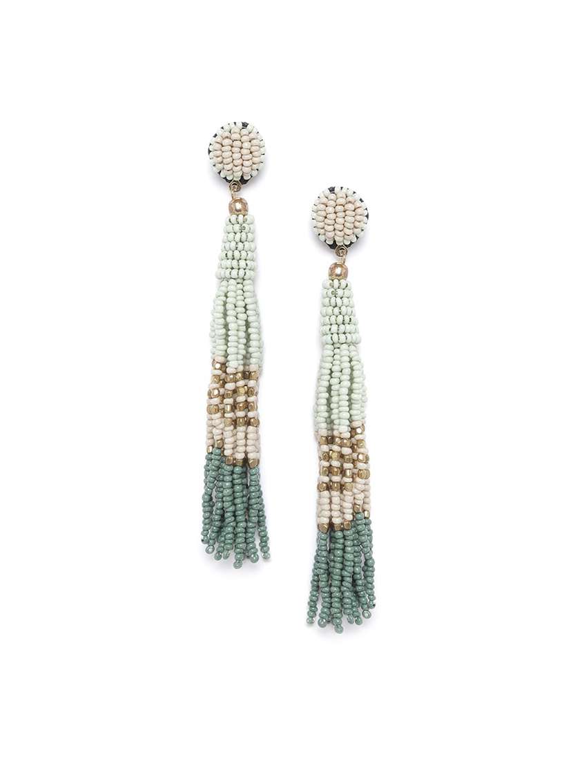 green beaded tasseled drop earrings