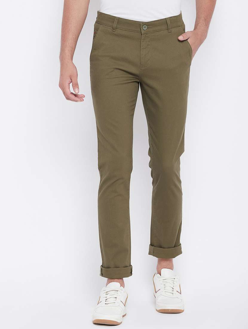 olive green solid flat front casual trouser