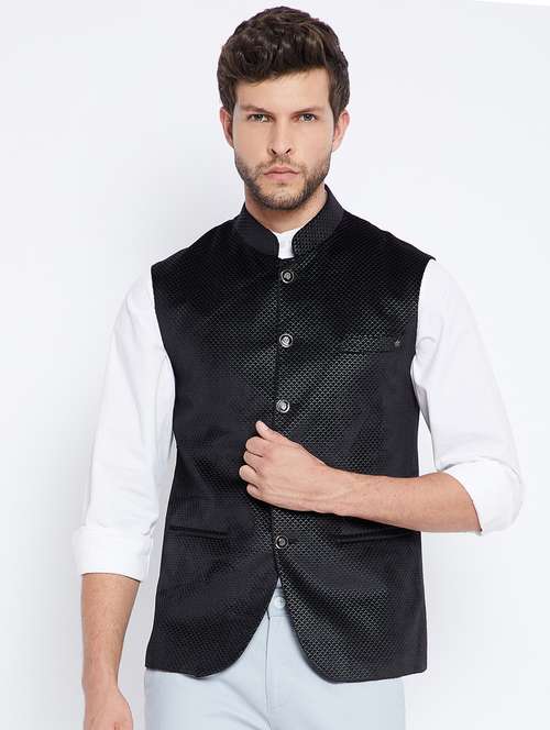 black self design nehru jacket - 18027190 - Standard Image - 0