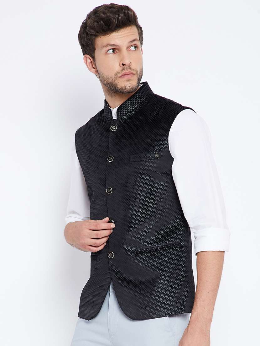black self design nehru jacket - 18027190 - Standard Image - 1