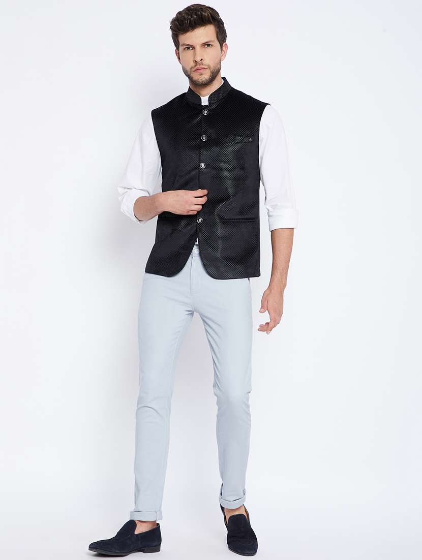 black self design nehru jacket - 18027190 - Standard Image - 4