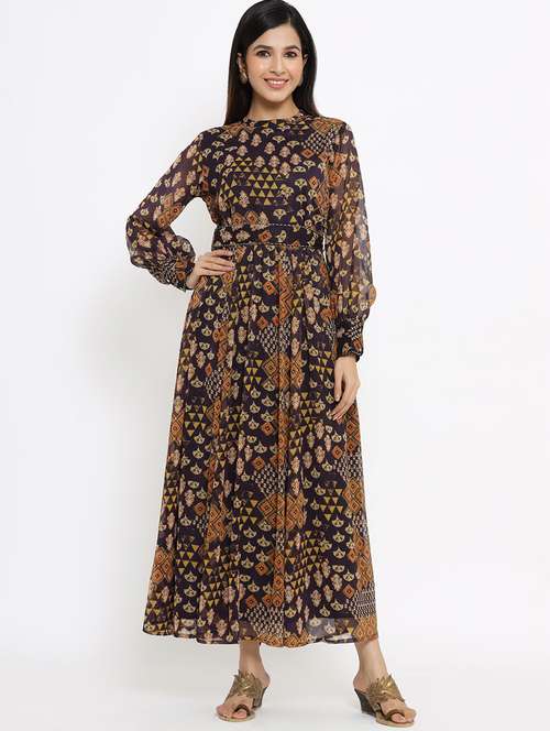 flared printed dress with tie-up blet - 18029317 - Standard Image - 0