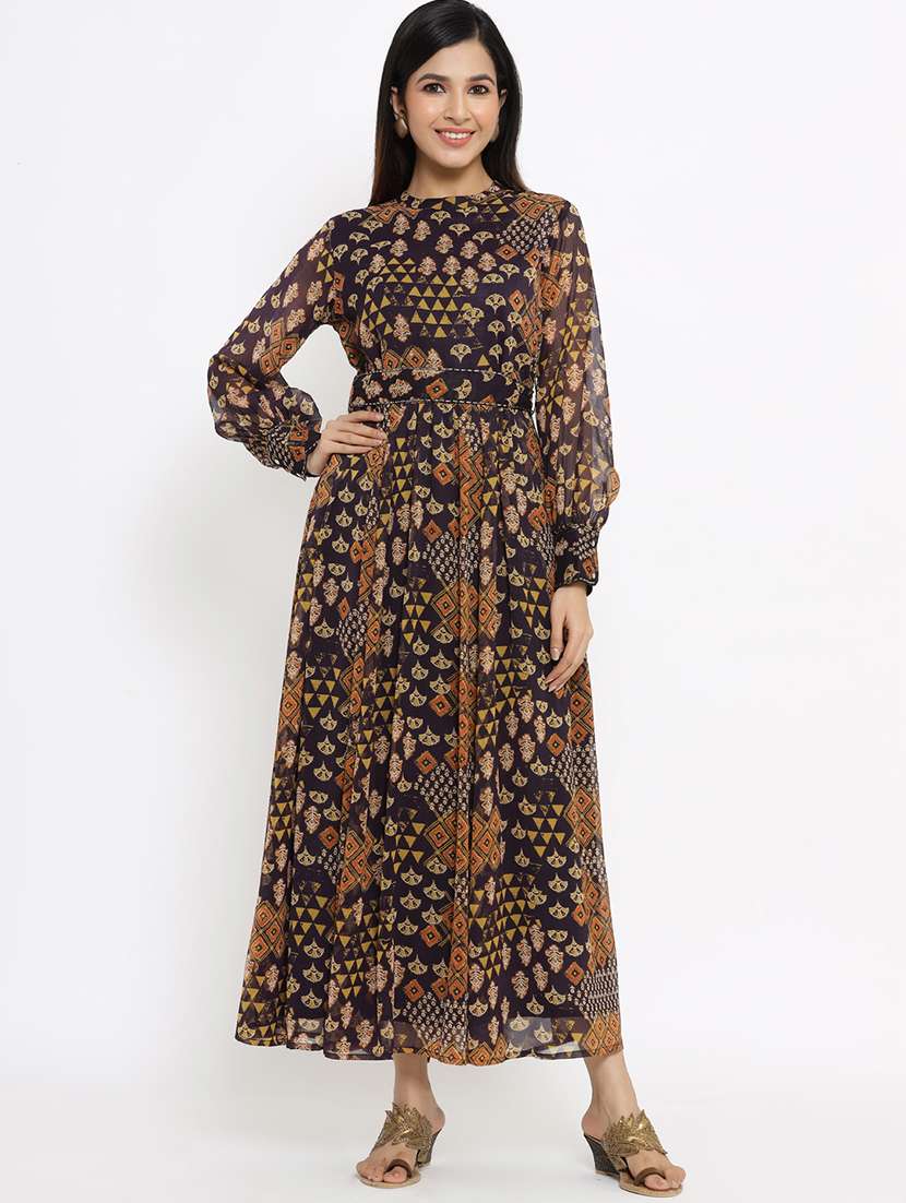 flared printed dress with tie-up blet - 18029317 - Zoom Image - 0