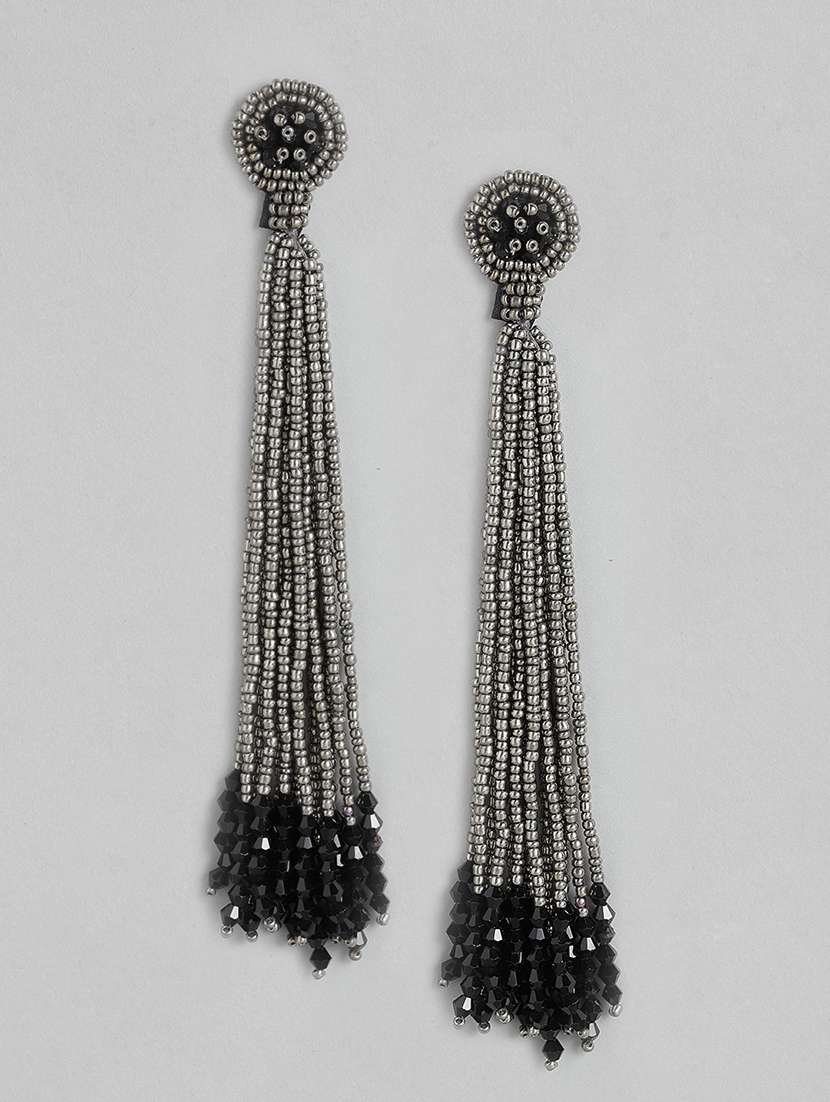 silver-toned & black teardrop shaped drop earrings
