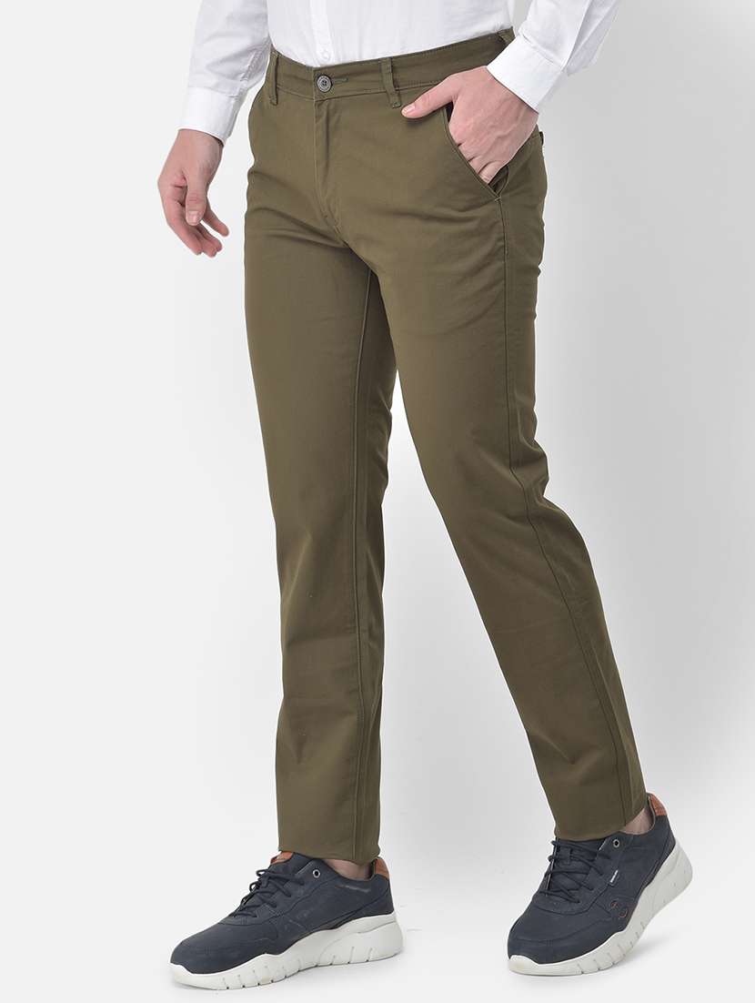 olive green solid flat front casual trouser - 18030353 -  Standard Image - 1
