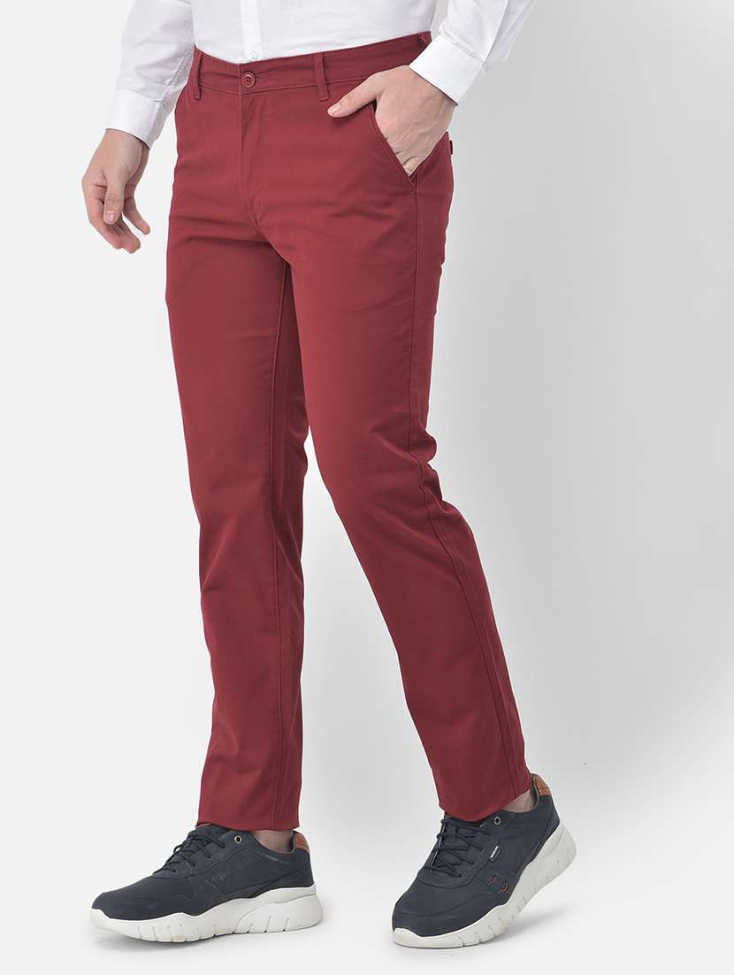 maroon solid flat front casual trouser - 18030355 -  Standard Image - 1