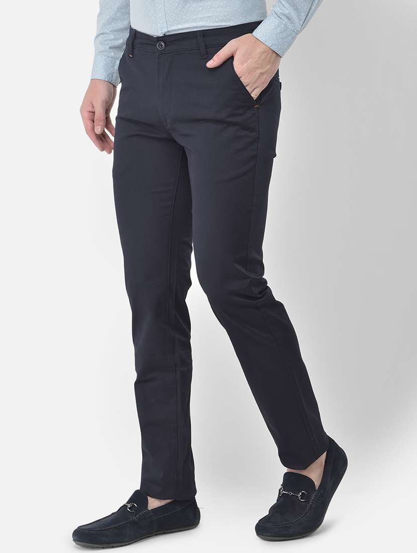 navy blue solid flat front casual trouser - 18030360 -  Standard Image - 1