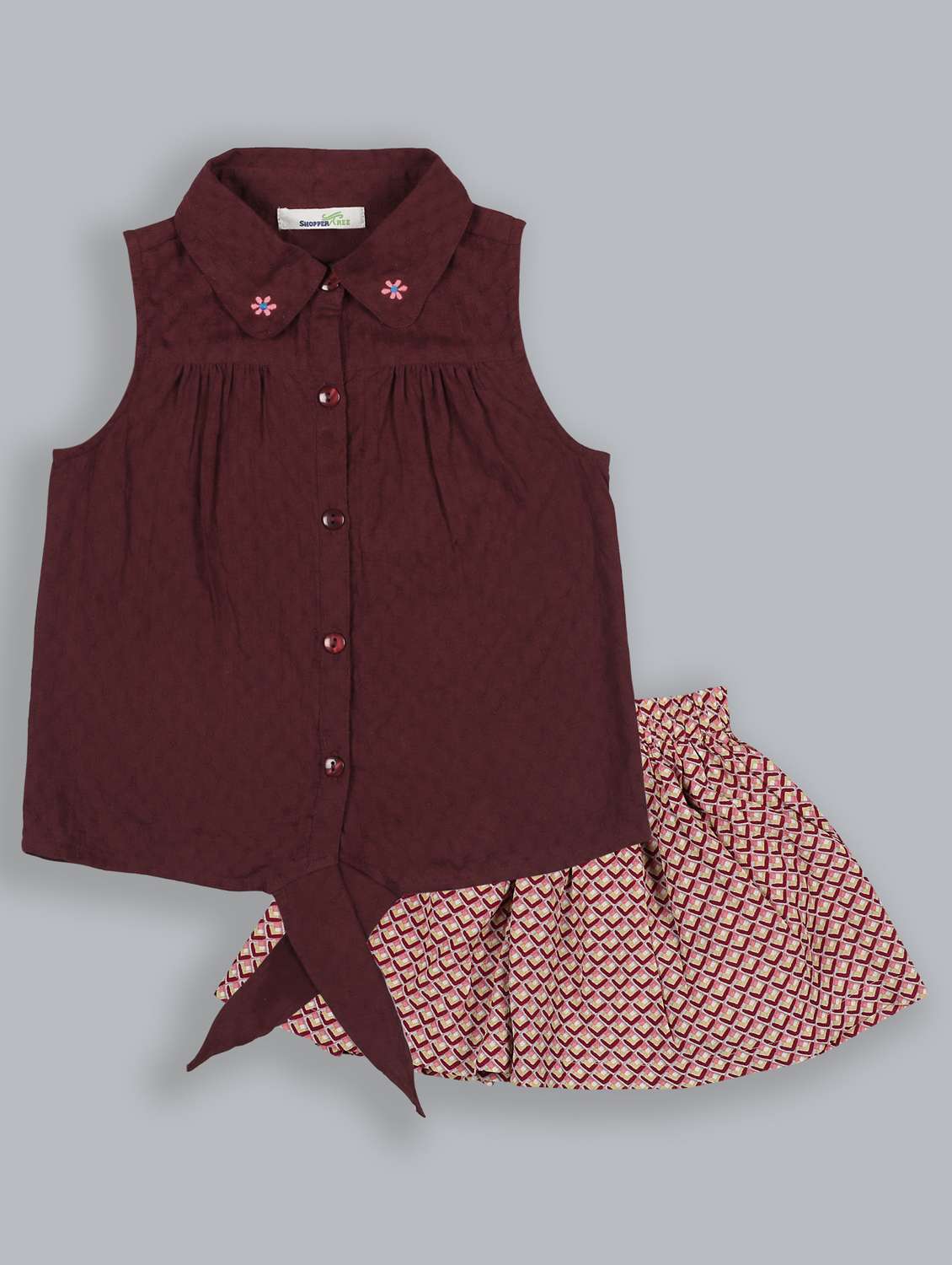 maroon printed skirt top set 