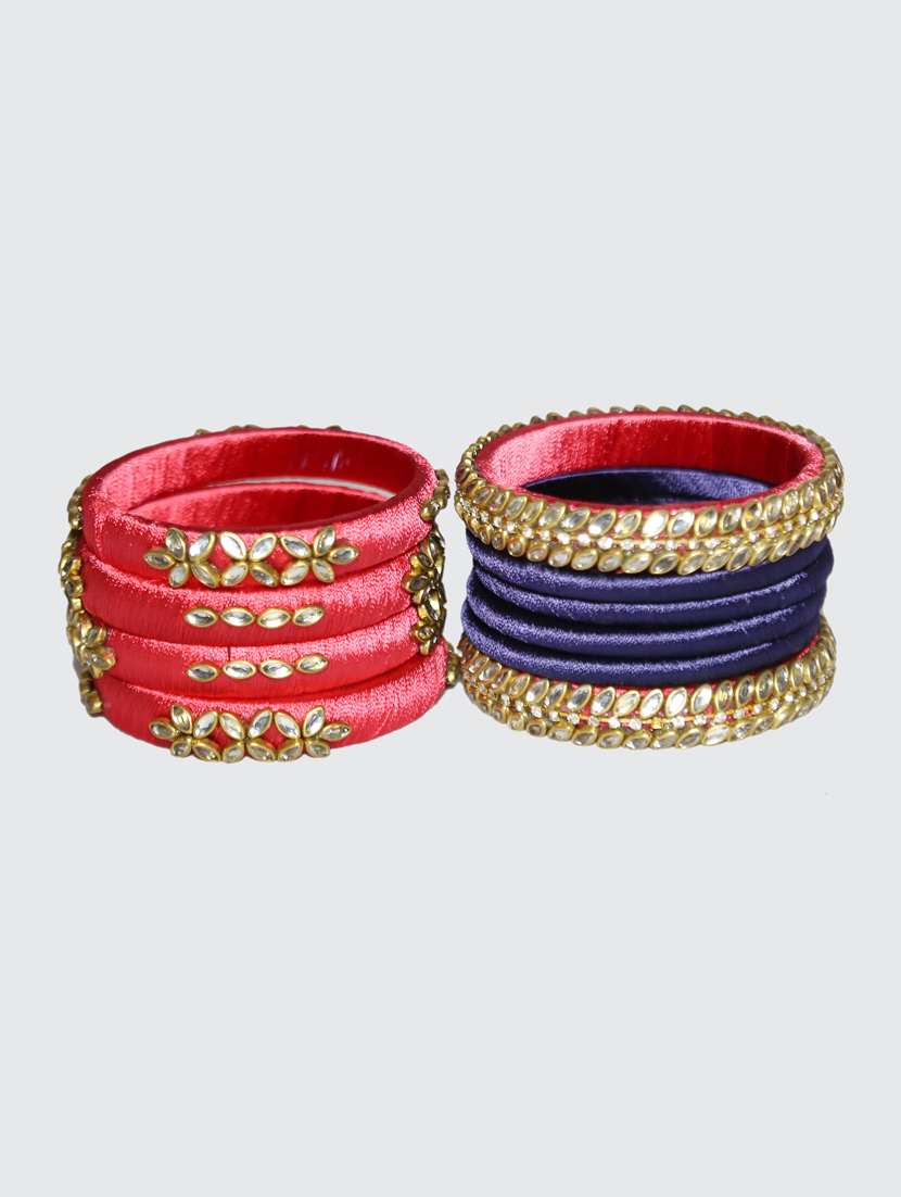  handmade silk thread red kade & blue bangles set of 10 - 18031707 -  Standard Image - 1