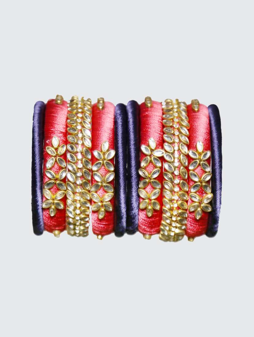  handmade silk thread red kade & blue bangles set of 10 - 18031707 -  Standard Image - 4
