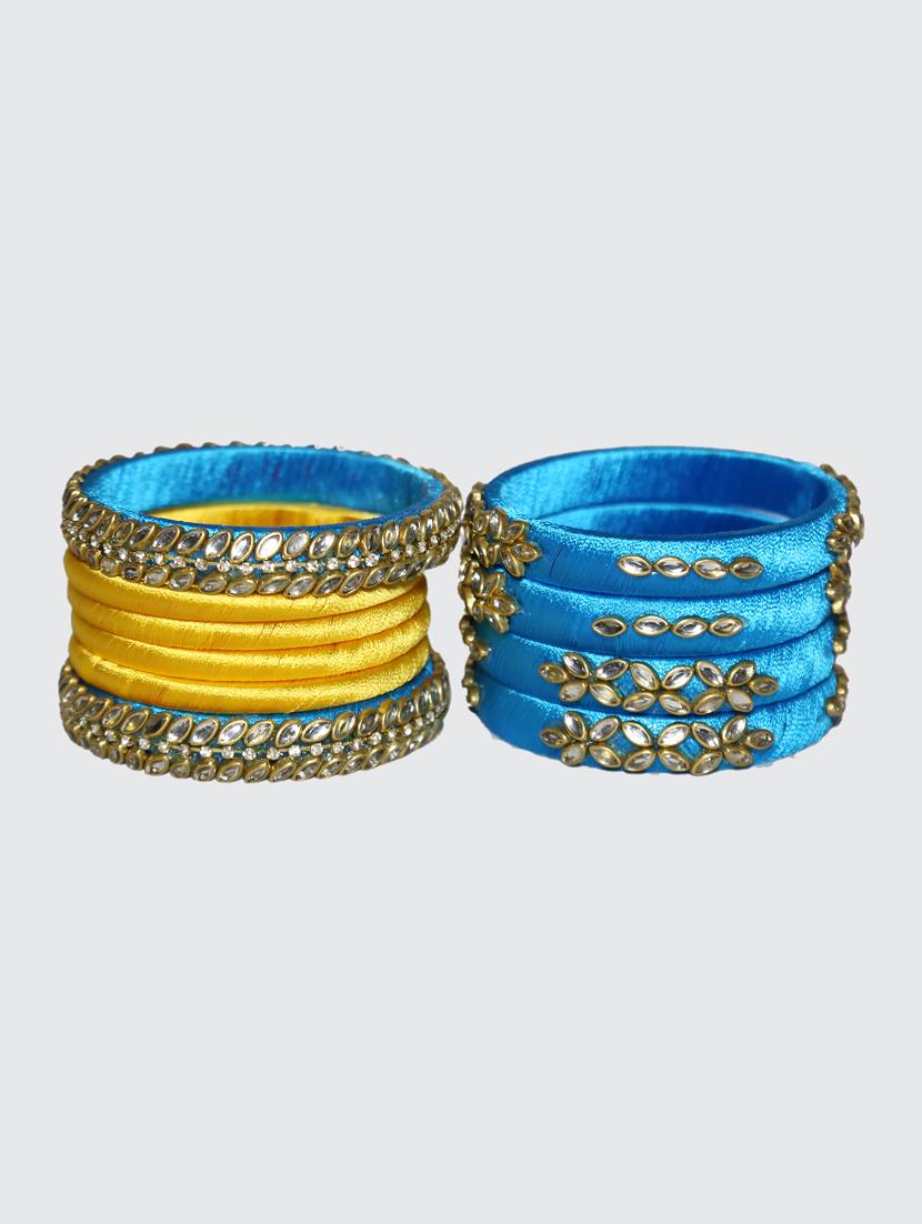 handmade silk thread sky blue kade & yellow bangles set of 10 - 18031709 - Standard Image - 1