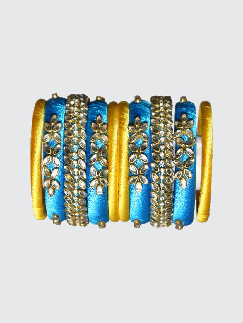 handmade silk thread sky blue kade & yellow bangles set of 10 - 18031709 - Standard Image - 4