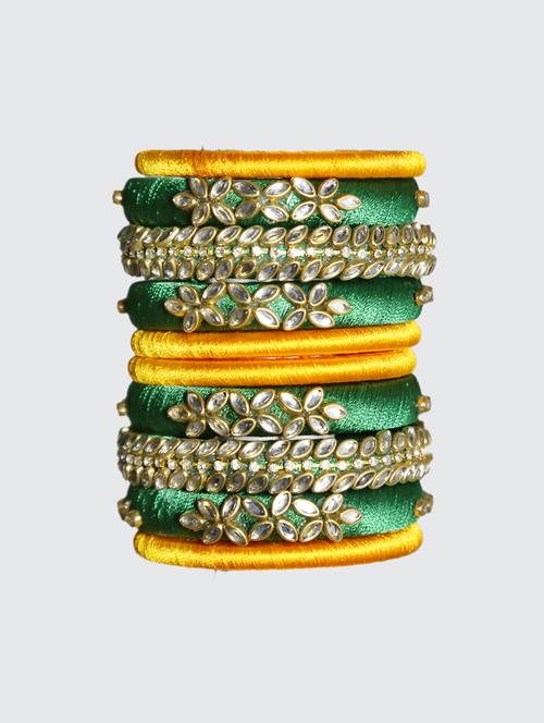 handmade silk thread green kade & yellow bangles set of 10 - 18031710 - Standard Image - 0