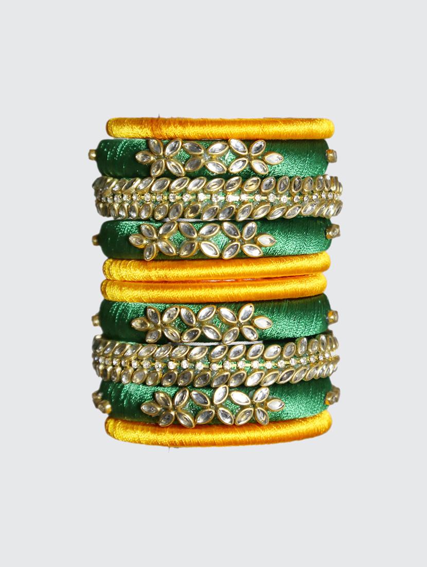 handmade silk thread green kade & yellow bangles set of 10 - 18031710 - Zoom Image - 0