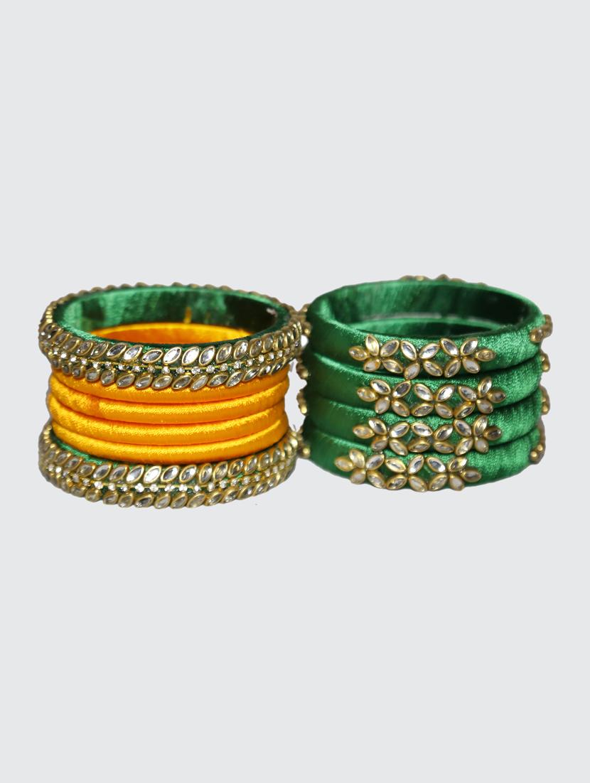 handmade silk thread green kade & yellow bangles set of 10 - 18031710 -  Standard Image - 1