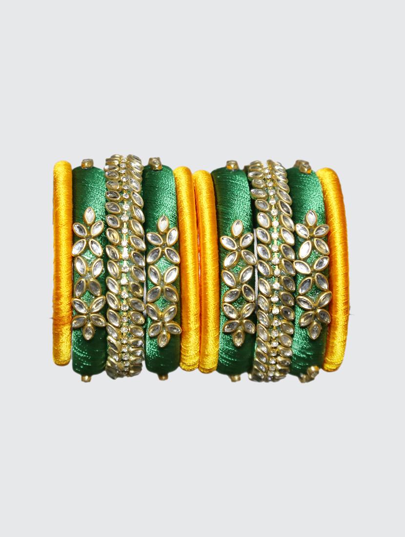 handmade silk thread green kade & yellow bangles set of 10 - 18031710 - Standard Image - 4