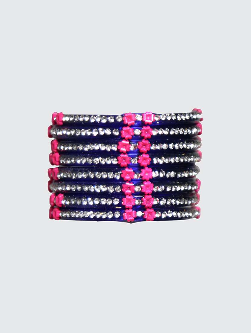 handmade blue glass flower bangles set of 8