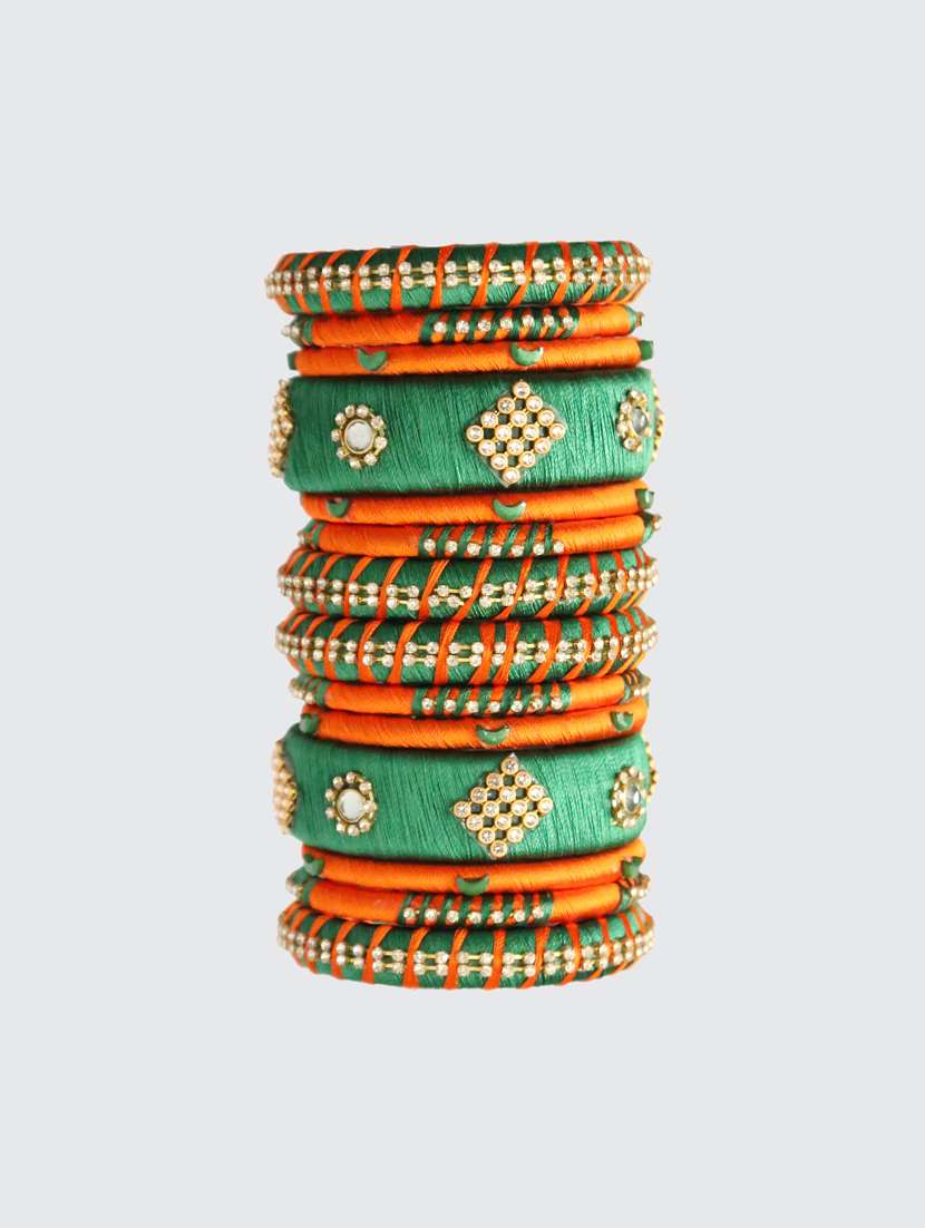 handmade silk thread orange and green bangles set of 14